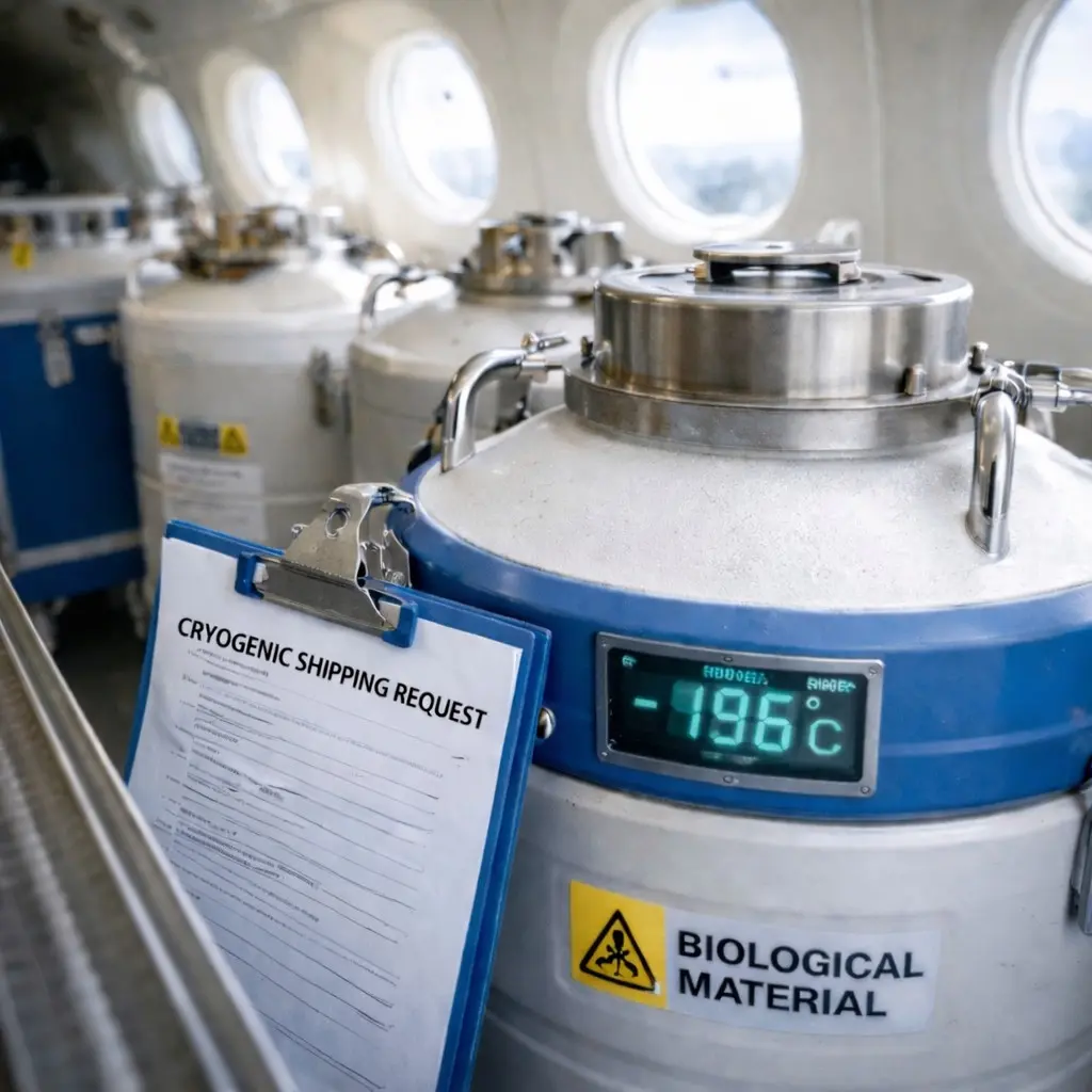 Cryogenic containers inside an airplane cabin showing IVF shipping documents and -196 degrees Celsius temperature display